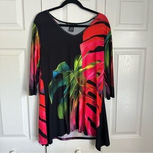 Valentina Tunic Shirt Womens Medium Tropical Leaf Asymmetrical Top Blouse Artsy